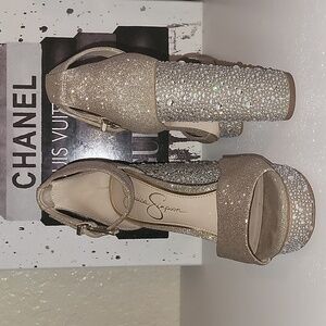 Rare Jessica Simpson Champagne Gold Everlyn Platform Heels, Sz 7.5/ Eu38